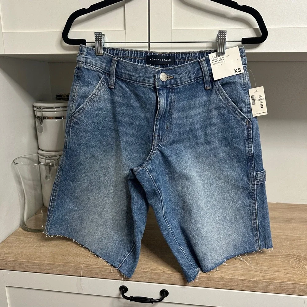 Aeropostale Baggy Jort Carpenter Women XS Blue Denim Raw Hem Non-Stretch 11